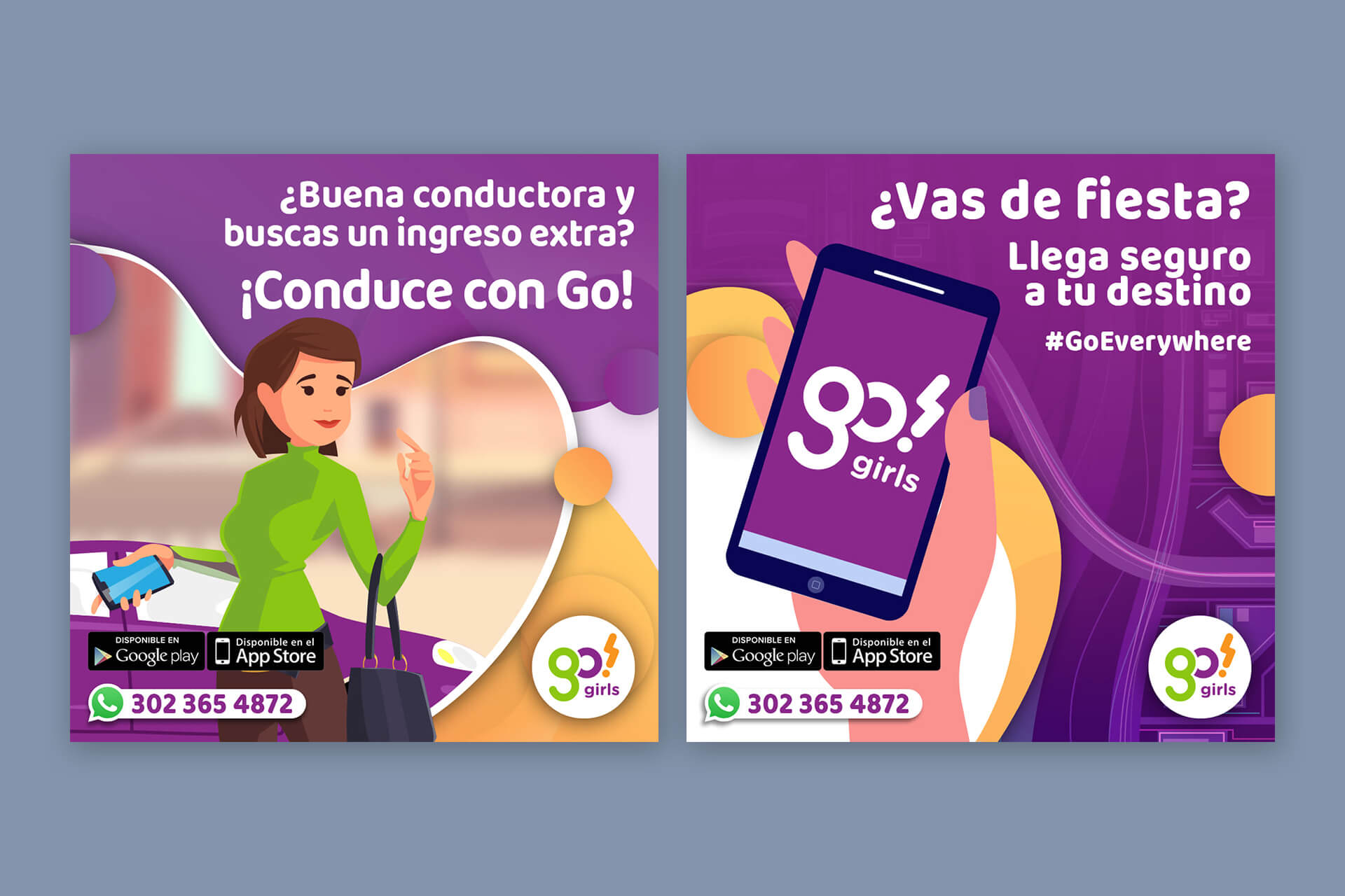 Flyer de Go! Girls para redes sociales con ilustraciones y elementos de identidad visual