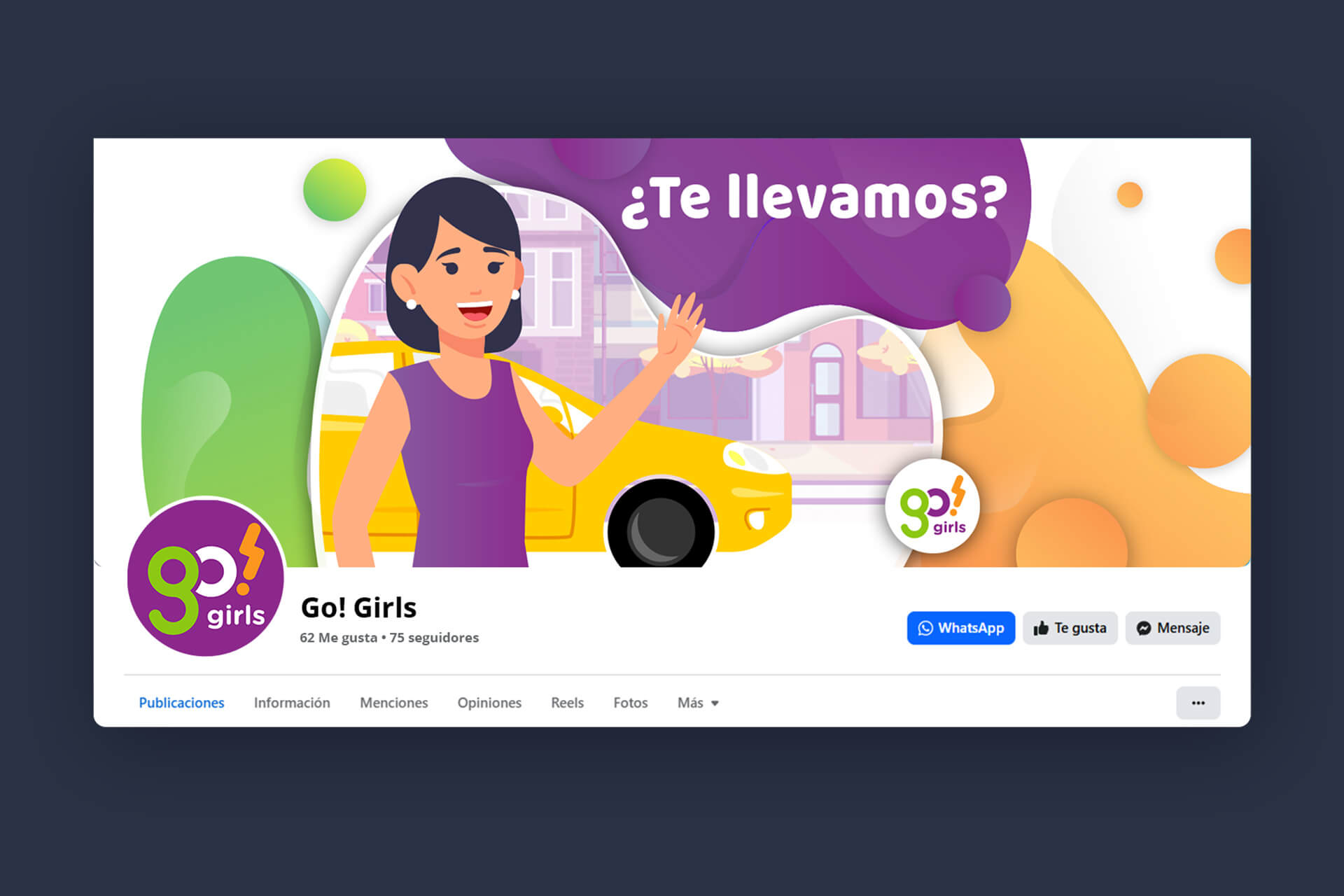 Portada de Facebook de Go! Girls con identidad visual e ilustraciones