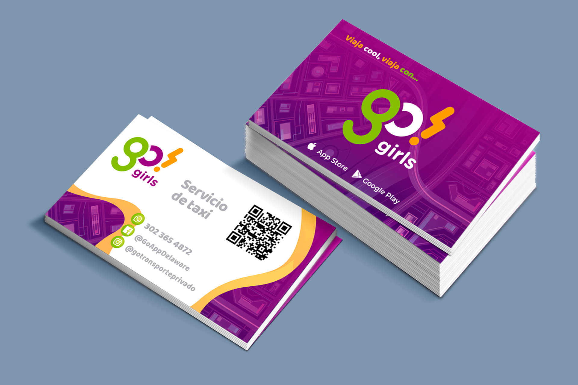 Tarjeta de presentación de Go! Girls con logotipo, código QR e información de contacto