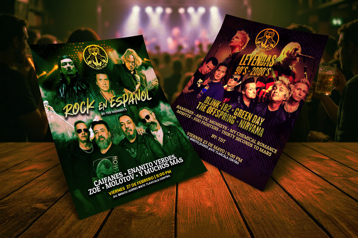 Flyers de Golden Pub para conciertos tributo con efectos de iluminación, humo y colores intensos