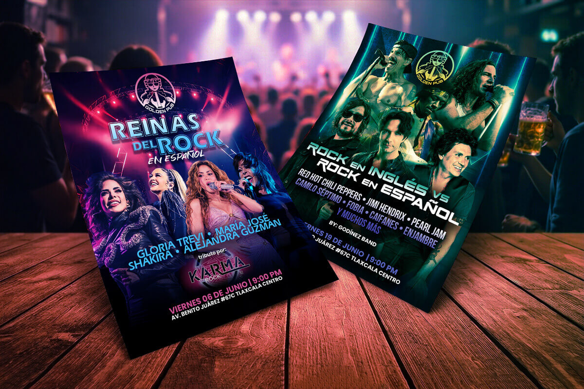 Flyers de Golden Pub para conciertos tributo con composiciones en tonos morados, azules y efectos de iluminación