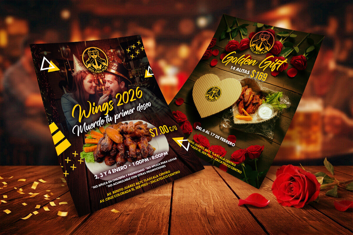 Flyers promocionales de Golden Pub para promociones de alimentos y bebidas