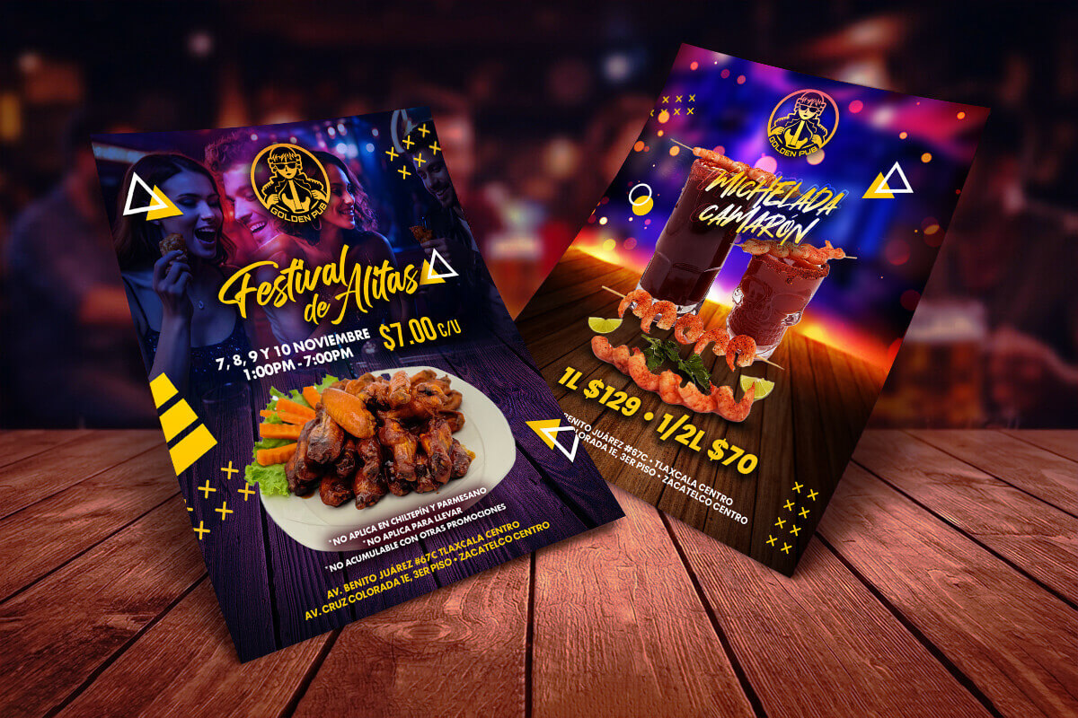 Flyers promocionales de Golden Pub para alitas y micheladas con camarón