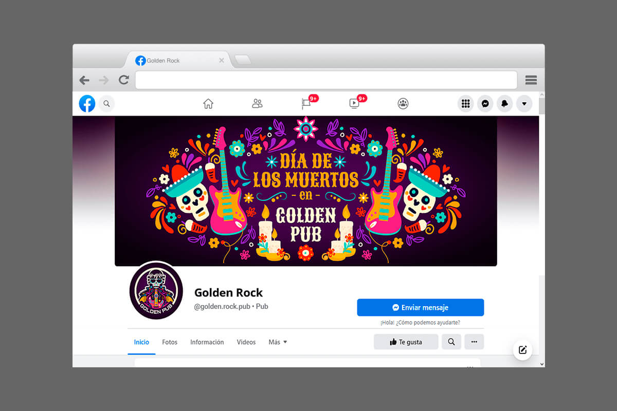 Diseño de portada y perfil de Facebook de Golden Pub para Día de Muertos con ilustraciones y elementos decorativos