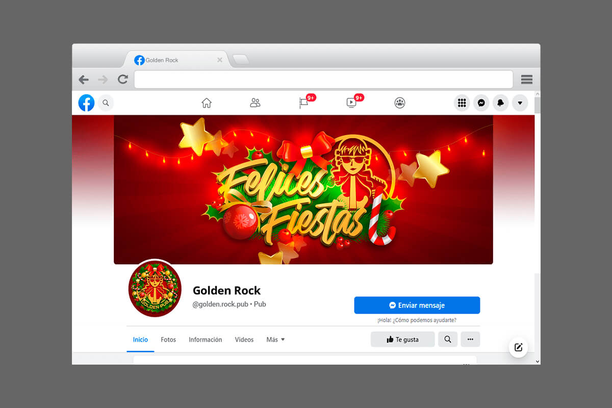 Diseño de portada y perfil de Facebook de Golden Pub para Navidad con logotipo y elementos navideños