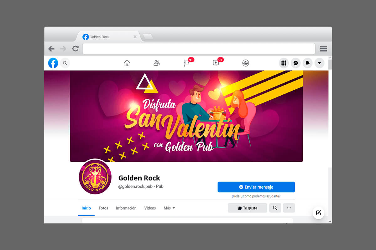 Diseño de portada y perfil de Facebook de Golden Pub para San Valentín con ilustración y promoción de alitas