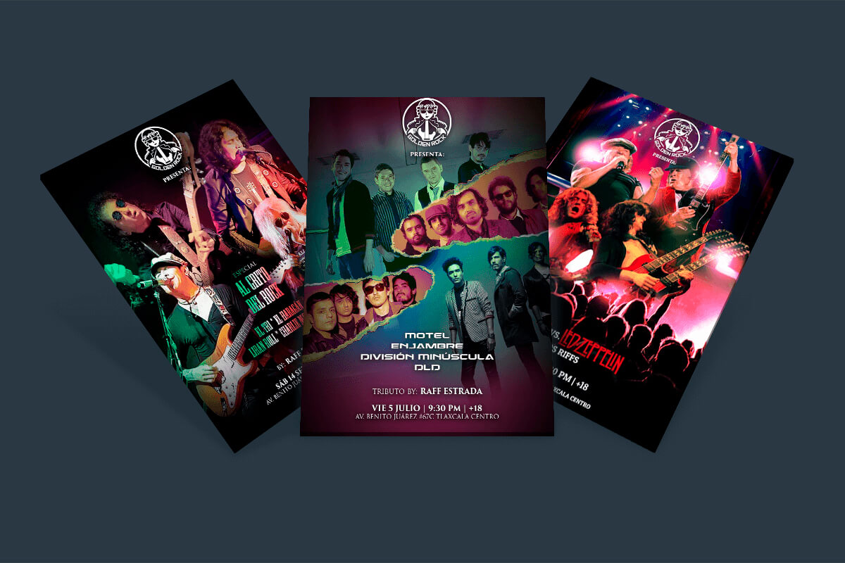 Flyers de Golden Rock para conciertos tributo con composiciones en tonos morados y azules