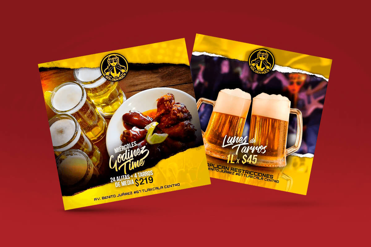 Flyers promocionales de Golden Rock para promociones de alimentos y bebidas