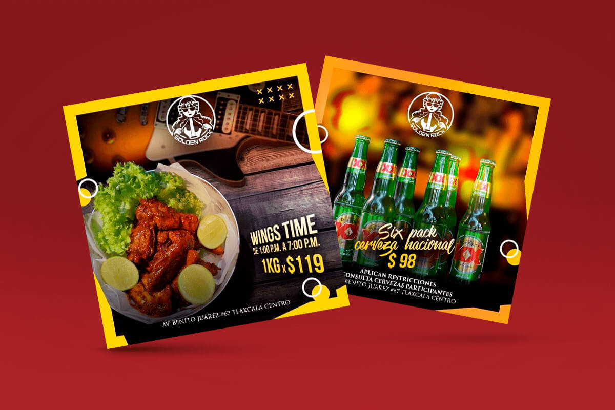 Flyers promocionales de Golden Rock para alitas y micheladas