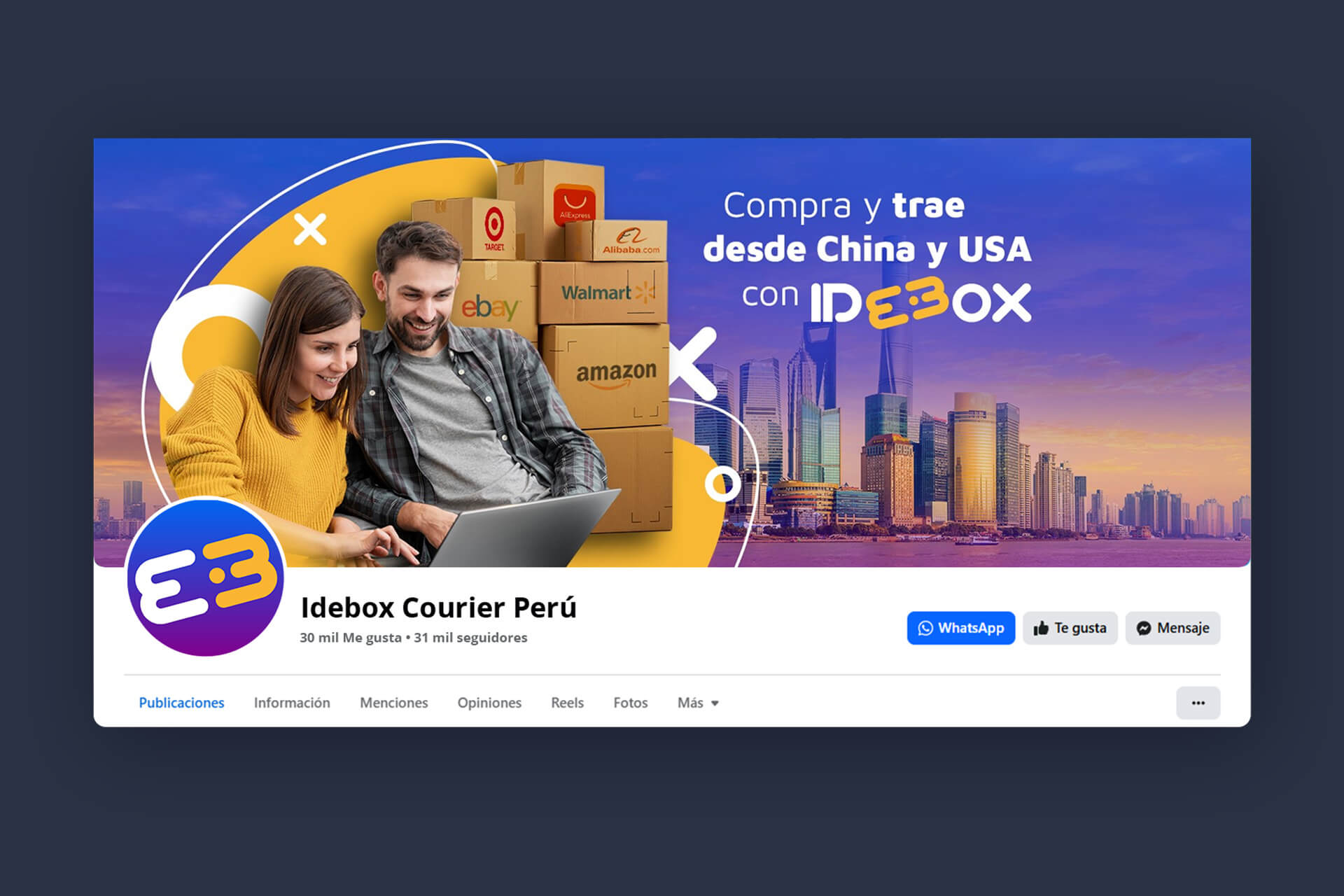 Portada de Facebook de Idebox con la identidad visual actualizada y comunicación sobre importaciones