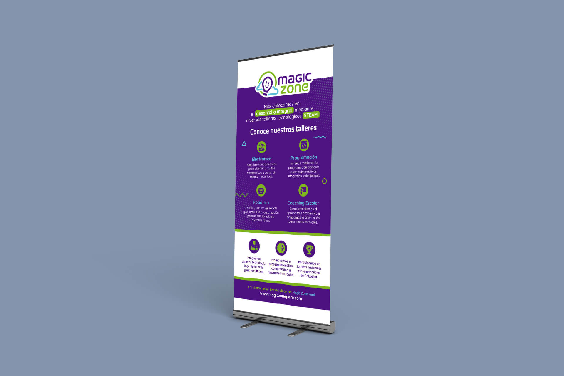 Banner publicitario tipo roll up de Magic Zone con información sobre sus servicios educativos