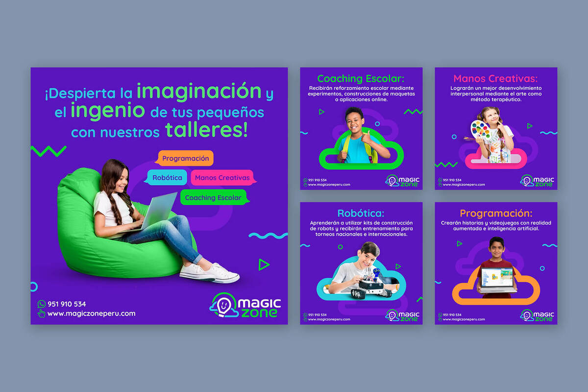 Piezas para redes sociales de Magic Zone con colores corporativos y recursos gráficos dinámicos