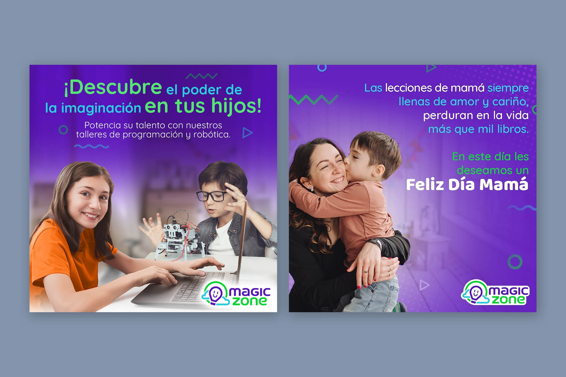 Piezas gráficas de Magic Zone para comunicar talleres y actividades educativas