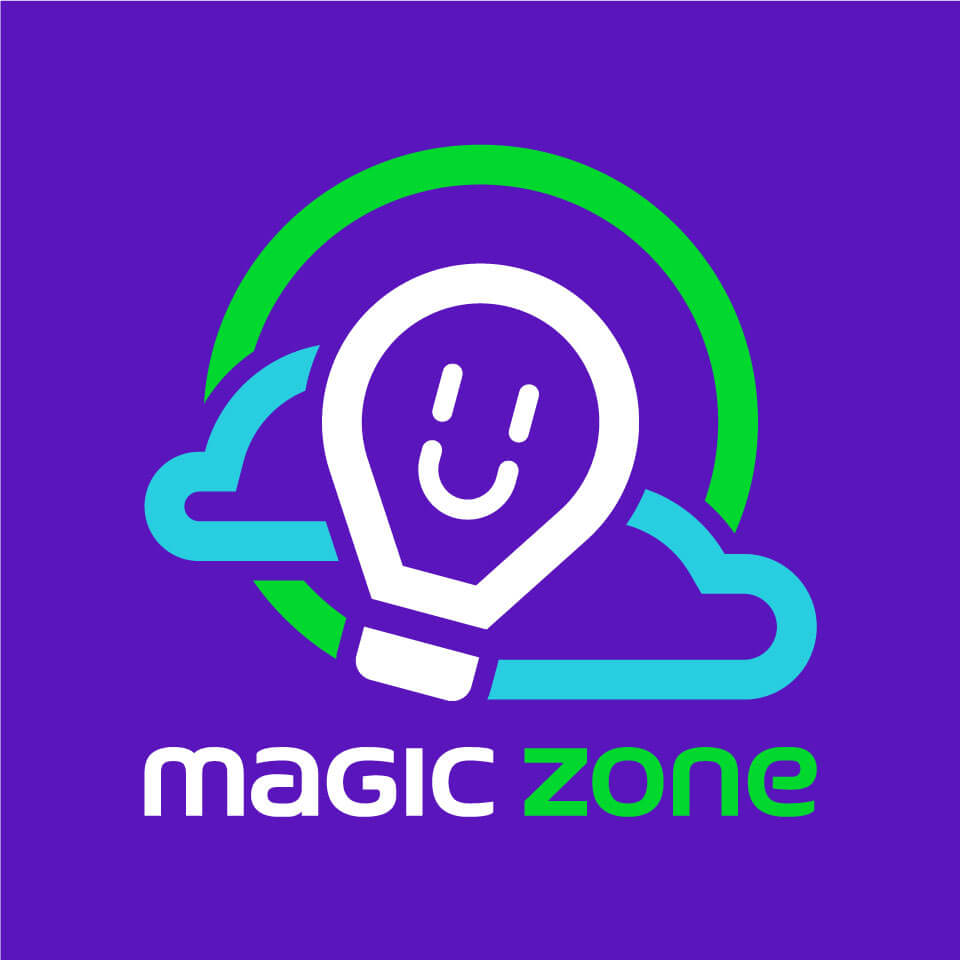 Logotipo vertical de Magic Zone en versión negativa