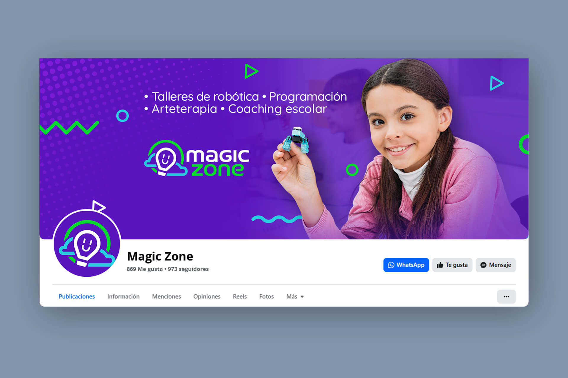 Portada de Facebook de Magic Zone con información sobre robótica, programación, manos creativas y coaching escolar