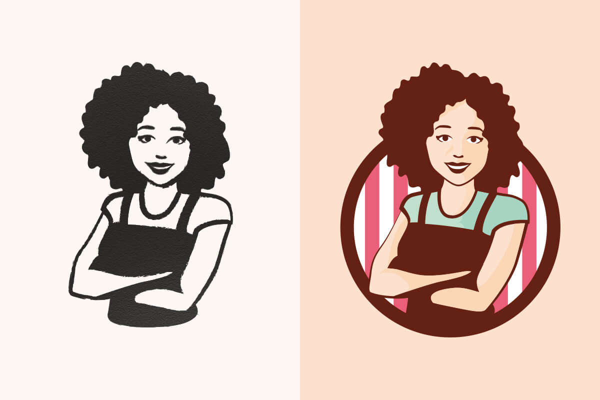 Evolución del personaje de Señora Delicia desde el boceto hasta el logotipo final